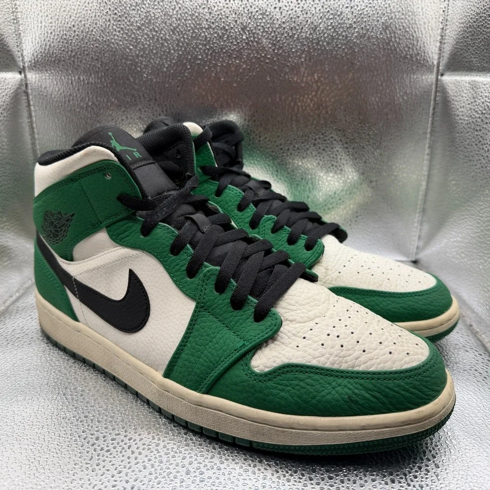 Size 12 Nike‎ Air Jordan 1 Mid Leather Pine Green Mens Sneaker Shoes 852542-301